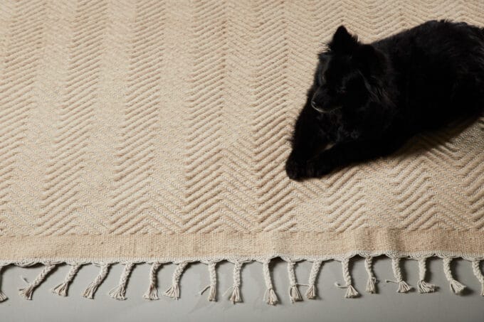 Loke Beige vilnonis kilimas 300x200, stačiakampis, smėlio spalvos su dekoratyviniais kutais, modernus audimo raštas