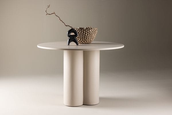 Olivia Beige valgomojo stalas – apvalus, trijų kolonų pagrindas, beige spalva