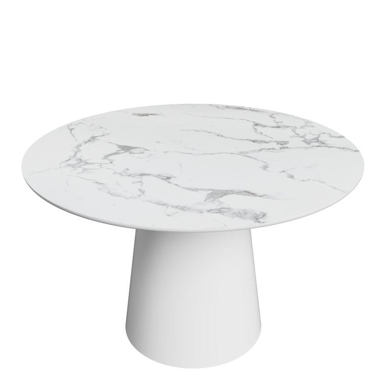 Stella White valgomojo stalas – apvalus, 120 cm, baltas marmuro dekoruotas stalviršis, elegantiškas stalas 4–6 žmonėms.