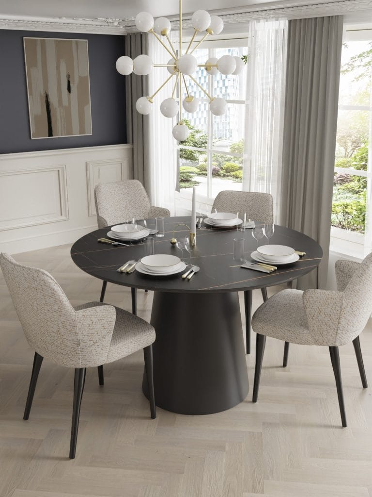 Stella Black apvalus valgomojo stalas – 120 cm, juodas stalviršis su marmuro dekoru, elegantiškas, modernus stalas 4–6 žmonėms.