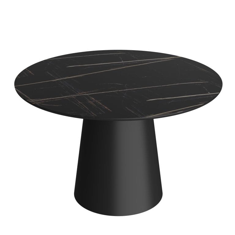 Stella Black apvalus valgomojo stalas – 120 cm, juodas stalviršis su marmuro dekoru, elegantiškas, modernus stalas 4–6 žmonėms.