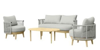 Grosetto Light Grey lauko baldų komplektas – pintas virvės dizainas, aliuminio ir akacijos mediena, šviesiai pilkos pagalvės