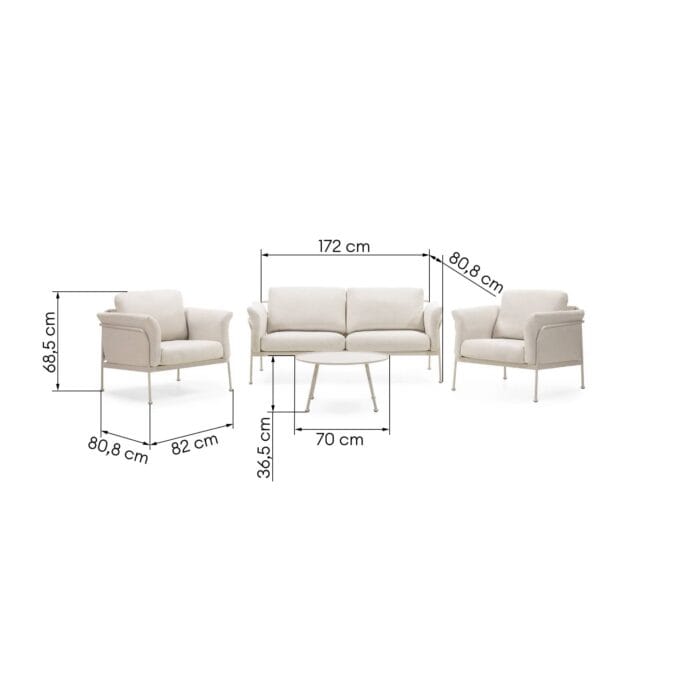 „Marinelli Beige“ lauko baldų komplektas su sofa, foteliais ir apvaliu stalu, pastatytas šviesioje terasoje.