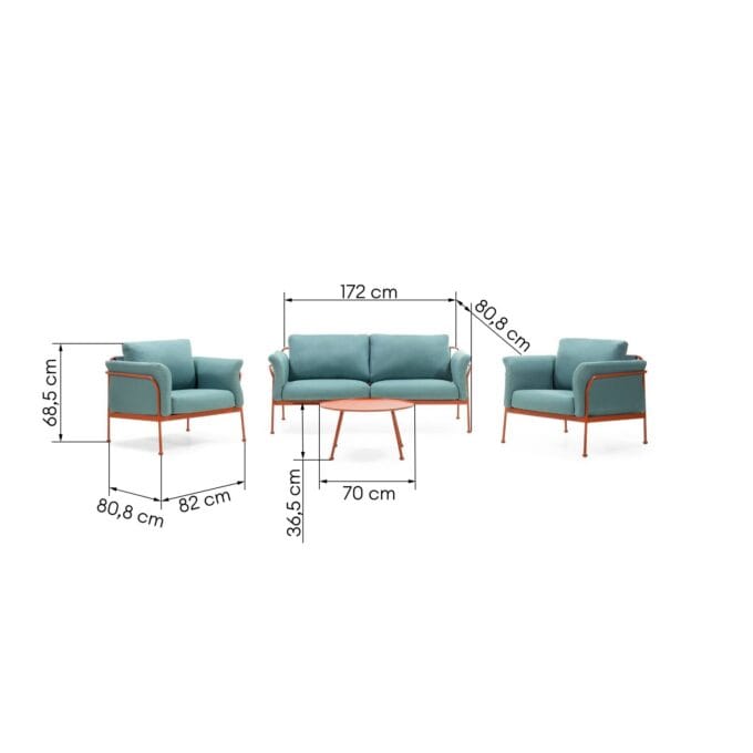 Marinelli turquoise lauko baldų komplektas su dviviete sofa, dviem foteliais ir apvaliu stalu modernioje terasos aplinkoje