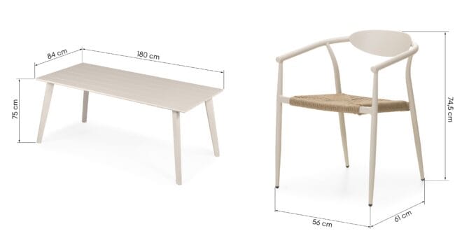 Piretto Beige lauko baldų komplektas – 180 cm aliuminio stalas ir smėlio spalvos technoratano kėdės