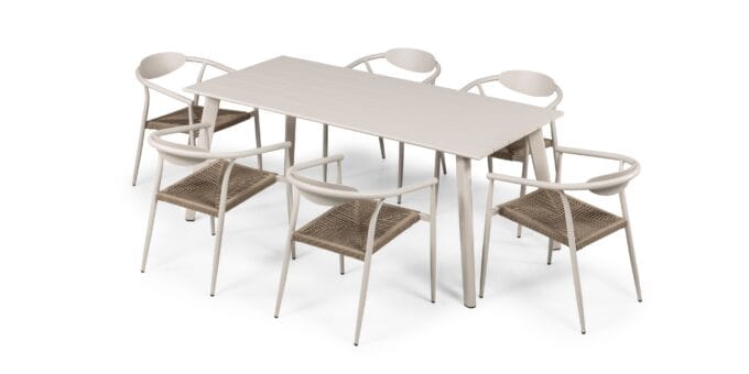 Piretto Beige lauko baldų komplektas – 180 cm aliuminio stalas ir smėlio spalvos technoratano kėdės