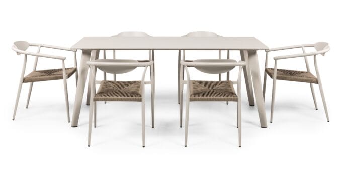 Piretto Beige lauko baldų komplektas – 180 cm aliuminio stalas ir smėlio spalvos technoratano kėdės
