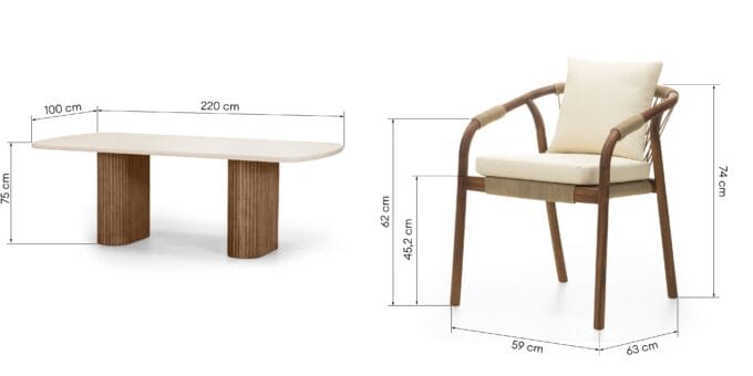 Rovigo Beige lauko baldų komplektas – Superstone stalas ir akacijos medienos pintos kėdės terasai