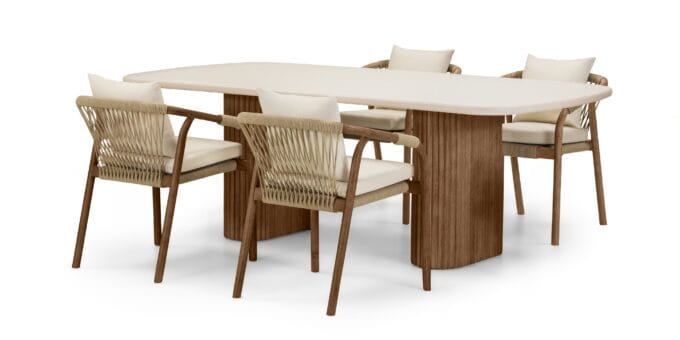 Rovigo Beige lauko baldų komplektas – Superstone stalas ir akacijos medienos pintos kėdės terasai