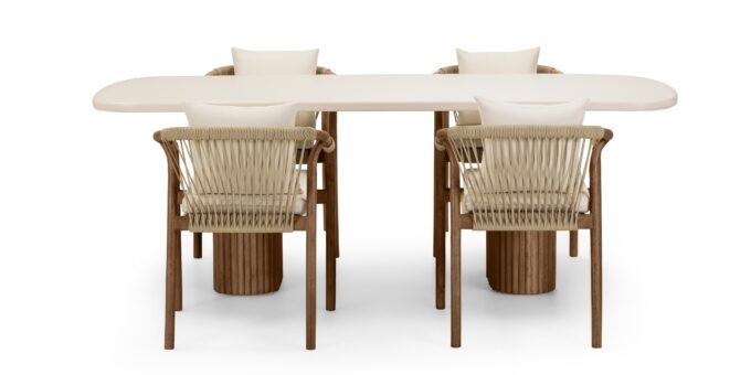 Rovigo Beige lauko baldų komplektas – Superstone stalas ir akacijos medienos pintos kėdės terasai