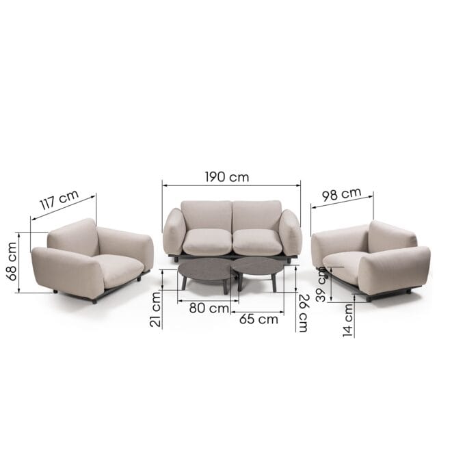 Santa Rosa Beige/Anthracite lauko baldų komplektas – su minkštomis pagalvėmis ir marmuro staliukais