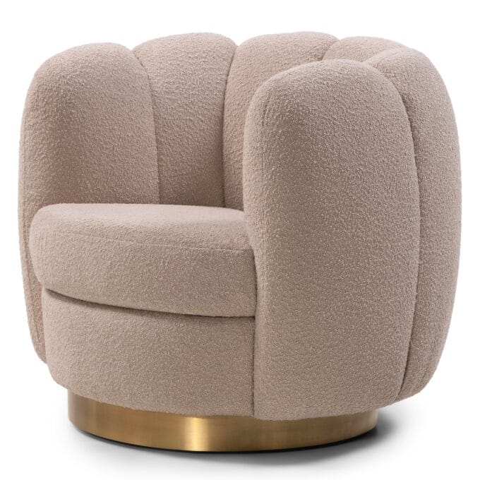 Krey Boucle Beige fotelis su apvaliomis formomis ir auksiniu pagrindu