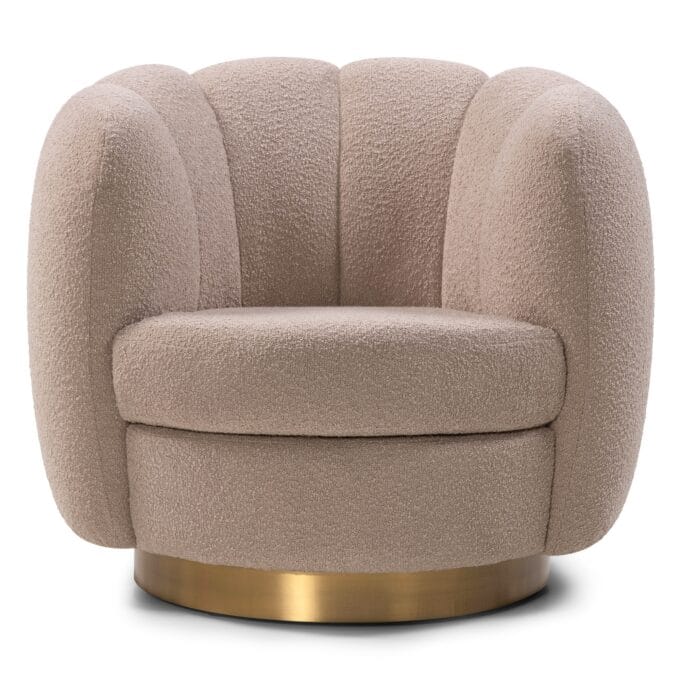 Krey Boucle Beige fotelis su apvaliomis formomis ir auksiniu pagrindu