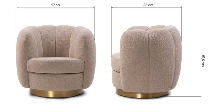 Krey Boucle Beige fotelis su apvaliomis formomis ir auksiniu pagrindu