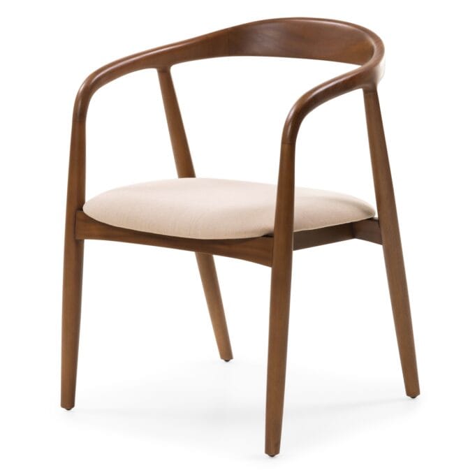 Valgomojo kėdė Ludvika Dark Beige – apvalus dizainas, raudonmedžio rėmas, šviesus audinys