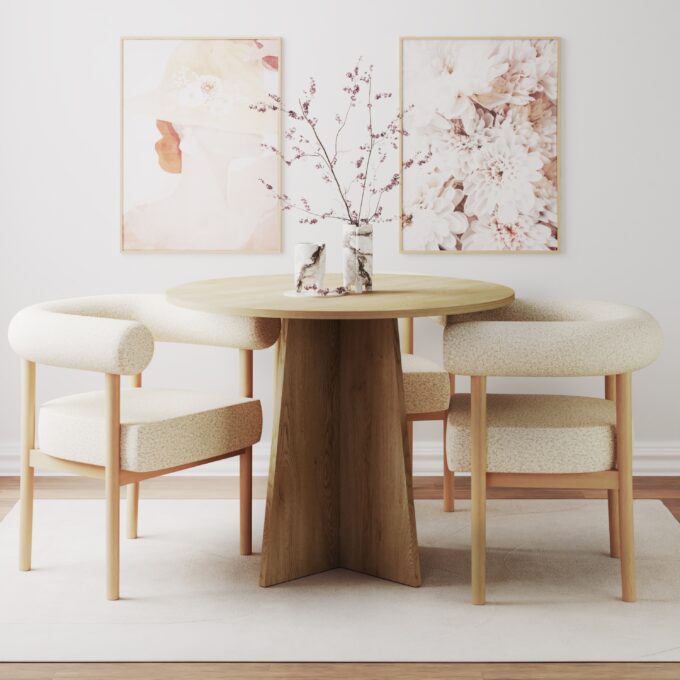 Merlo Oak apvalus valgomojo stalas su tvirtu pagrindu ir elegantiška apdaila