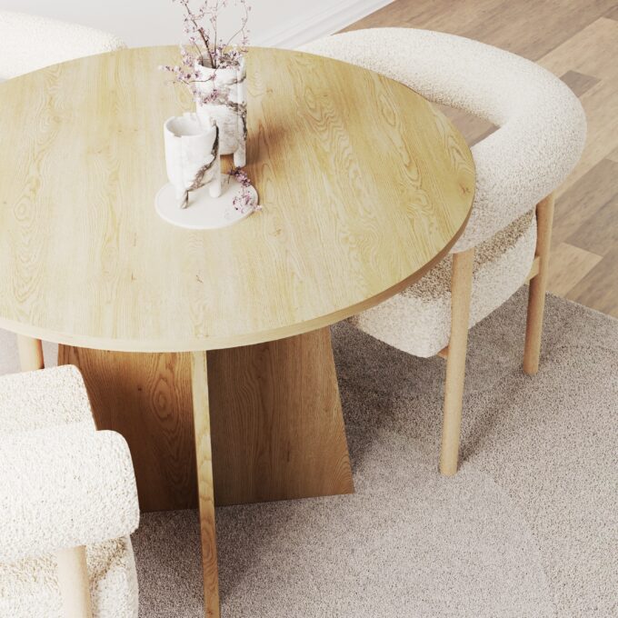 Merlo Oak apvalus valgomojo stalas su tvirtu pagrindu ir elegantiška apdaila
