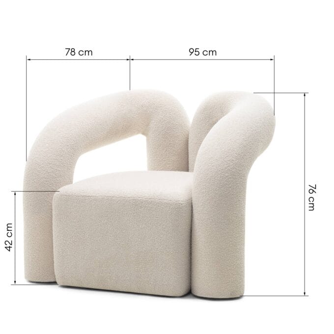 Merry fotelis – boucle audinys, cream spalva, išraiškingos apvalios formos