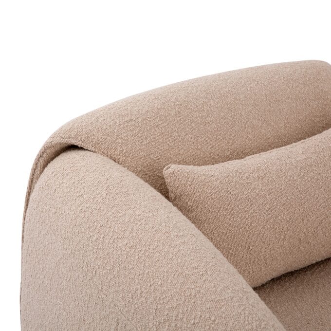 Miti fotelis – boucle audinys, cream spalva, apvalios formos, pagalvėlė