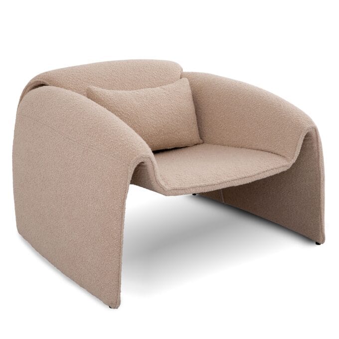 Miti fotelis – boucle audinys, cream spalva, apvalios formos, pagalvėlė
