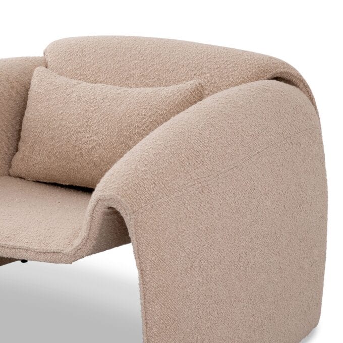 Miti fotelis – boucle audinys, cream spalva, apvalios formos, pagalvėlė