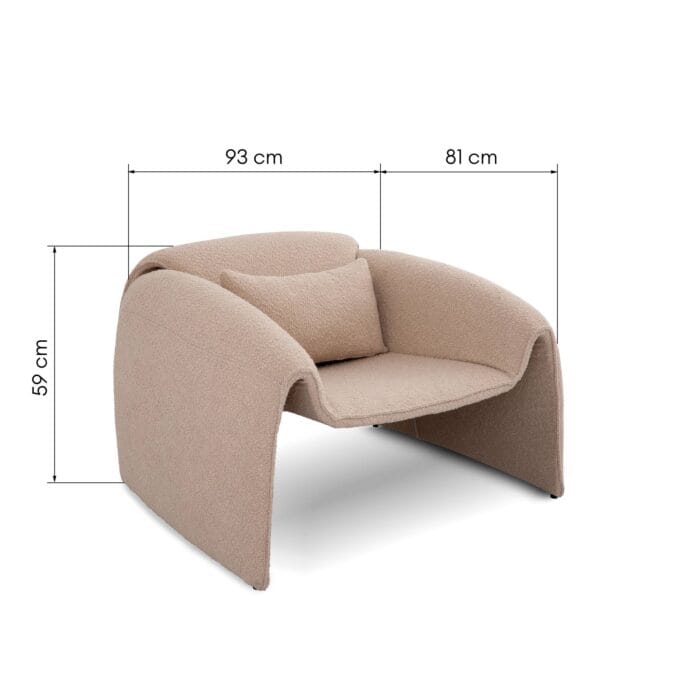 Miti fotelis – boucle audinys, cream spalva, apvalios formos, pagalvėlė