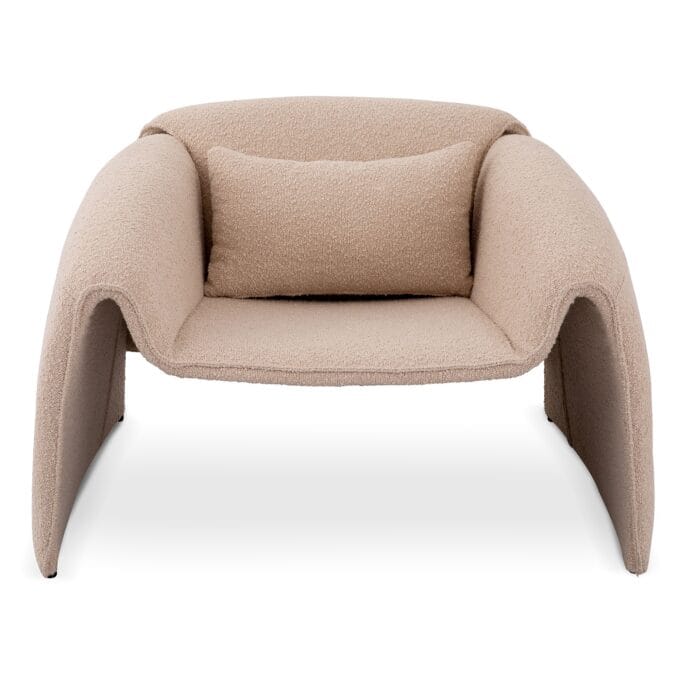 Miti fotelis – boucle audinys, cream spalva, apvalios formos, pagalvėlė