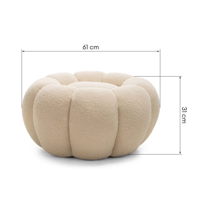 Perugia Beige boucle pufas su apvaliomis formomis ir dekoratyvinėmis siūlėmis