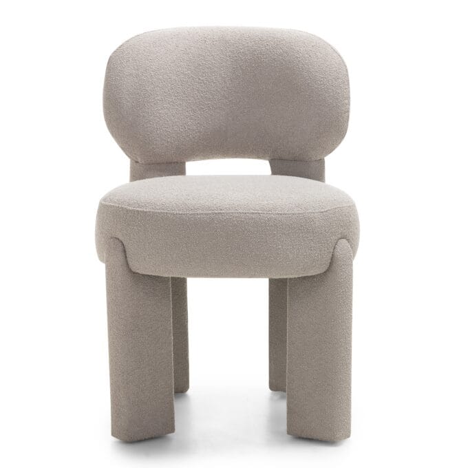 Falone grey beige valgomojo kėdė su bouclé audiniu ir apvaliomis formomis