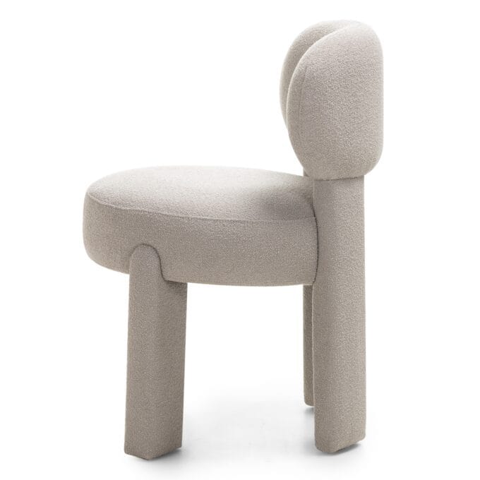 Falone grey beige valgomojo kėdė su bouclé audiniu ir apvaliomis formomis