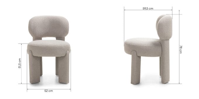 Falone grey beige valgomojo kėdė su bouclé audiniu ir apvaliomis formomis