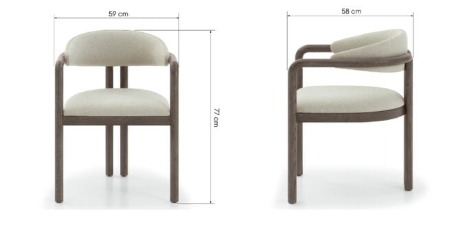 Palena kėdė su espreso rėmu ir šviesiu audiniu, tvirta ir elegantiška