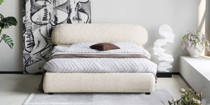 Avola beige lova su aukštu 21 cm apvaliu galvūgaliu ir patalynės dėže