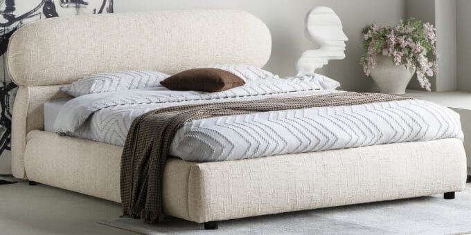 Avola beige lova su aukštu 21 cm apvaliu galvūgaliu ir patalynės dėže