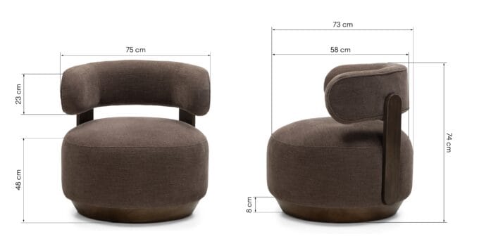 Dolce fotelis su espreso spalvos audiniu ir riešutmedžio uosio detalėmis, apvalių formų dizainas