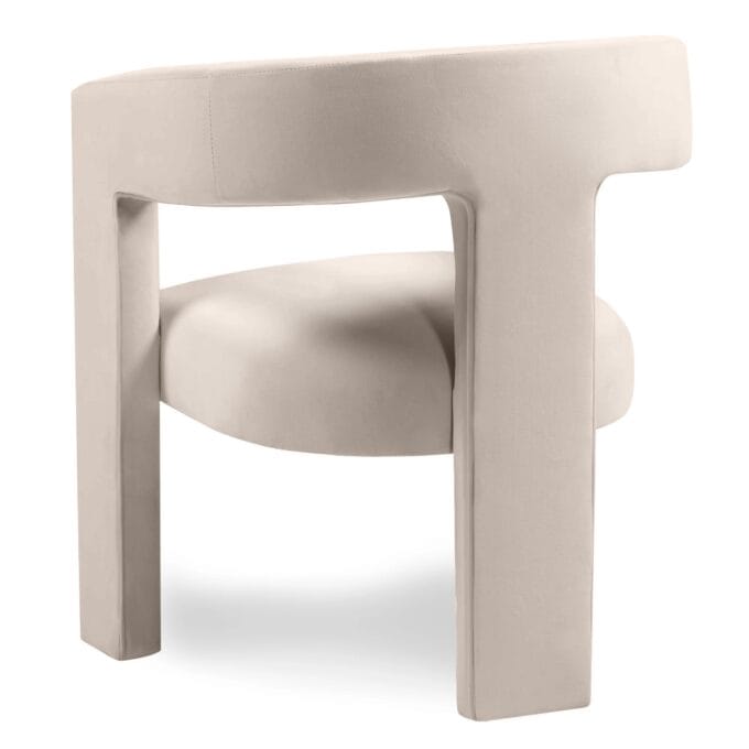 Lory light beige velvet krėslas su minkštu aksomu, apvaliu atlošu ir porankiais