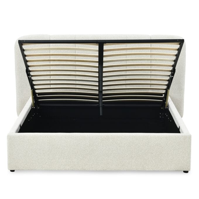 Snoovia beige lova 160x200 su aukštu galvūgaliu ir patalynės dėže.
