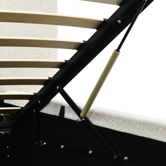 Snoovia beige lova 160x200 su aukštu galvūgaliu ir patalynės dėže.