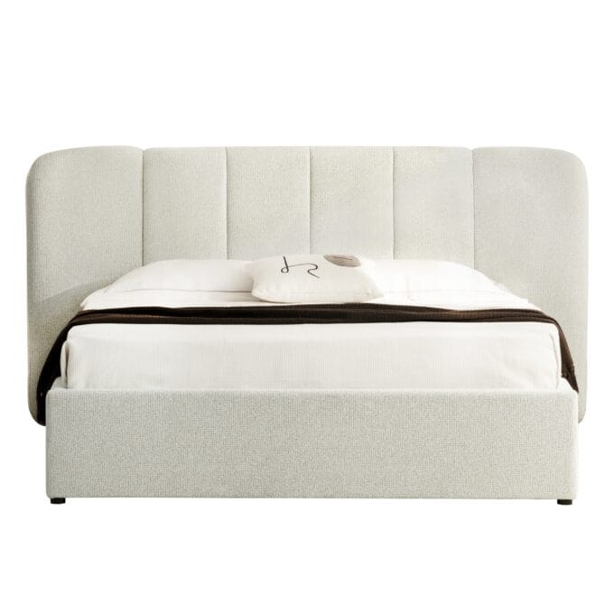 Snoovia beige lova 160x200 su aukštu galvūgaliu ir patalynės dėže.