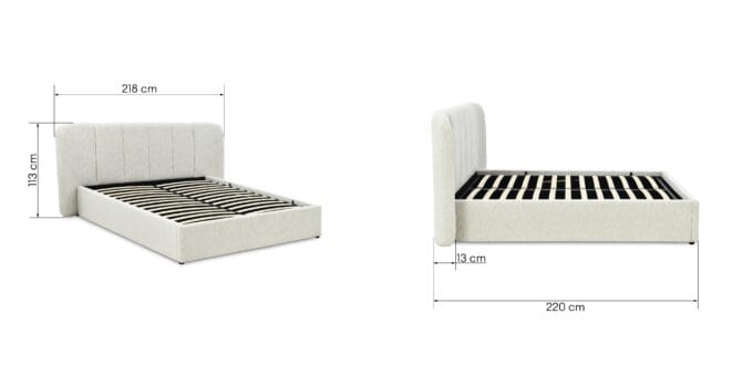 Snoovia beige lova 160x200 su aukštu galvūgaliu ir patalynės dėže.