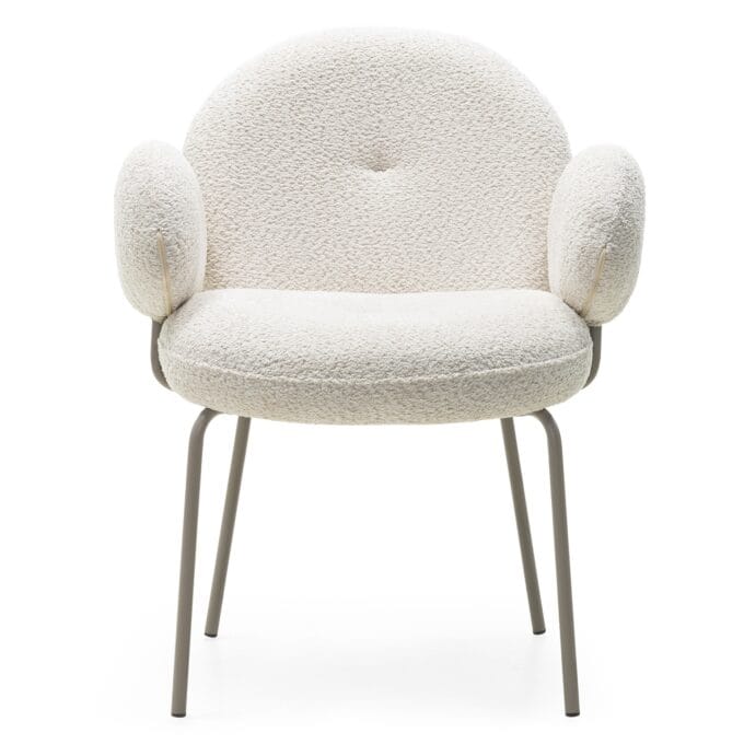 Fiori Beige Bouclé krėslas šviesaus audinio, su apvaliu atlošu ir porankiais