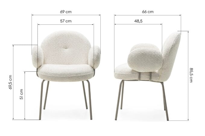 Fiori Beige Bouclé krėslas šviesaus audinio, su apvaliu atlošu ir porankiais