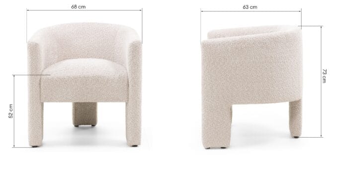 Lorraine Beige Boucle fotelis šviesiai smėlio spalvos audiniu ir trimis apvaliomis kojelėmis