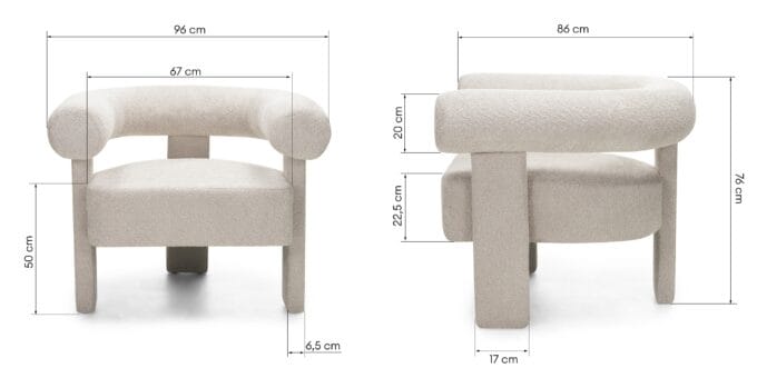 Hella Beige Bouclé krėslas su apvaliomis formomis ir minkštu šviesiu audiniu