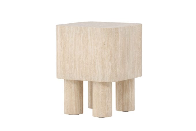 Klirou Beige šoninis staliukas – kompaktiškas MDF staliukas su travertino atspalviu, šviesus modernus dizainas