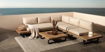 Borgo Beige lauko baldų komplektas, kampinė sofa su staliuku ir lentynomis, akacijos mediena ir aliuminis, japandi terasai