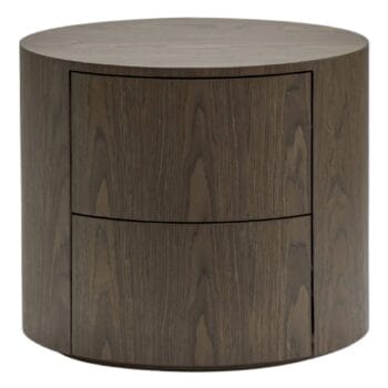 Kivi Walnut naktinis staliukas, apvalios formos, tamsaus riešuto spalvos, su dviem stalčiais