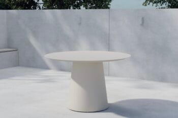 Lanzo Cashmere valgomojo stalas – apvalus, Ø120 cm, smėlio kašmyro spalvos, aliuminio konstrukcija, modernus lauko dizainas