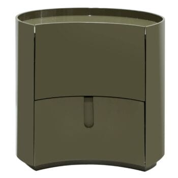 Vena Green naktinis staliukas su blizgia apdaila, apvalia forma ir dviem stalčiais moderniame miegamajame