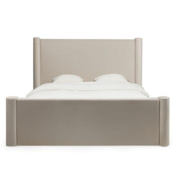 Zeni Beige Velvet 160x200 miegamojo lova, aksomo audinys, aukštas galvūgalis ir kojūgalis, japandi interjerui